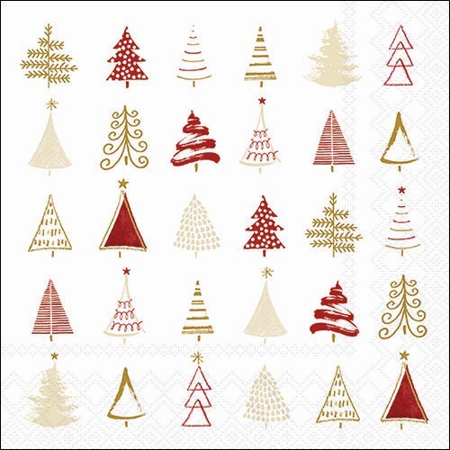 20 Servietten Christmas Tree Doodles red - Moderne Baumformen rot-gold 33x33cm