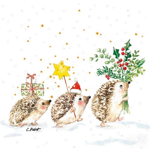 20 Servietten Christmas Hedgehogs - Winterwanderung der Igel 33x33cm