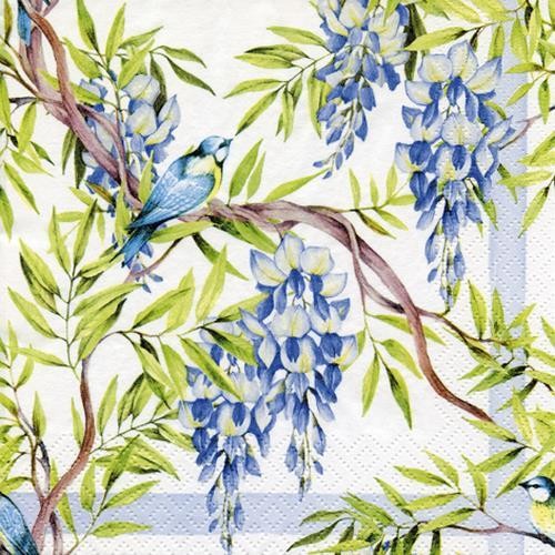 20 Napkins Wisteria blue - Birds on Wisteria blue / purple 33x33cm