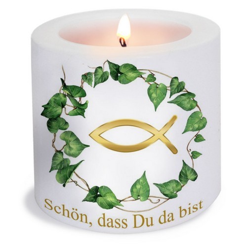 Candle round Green Leaves and Fish gold - Green leaves around fish gold Ø 8cm, height 7.5cm