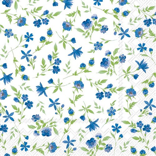 20 Servietten Happy Flowers blue - Blaue Blümchen mit Blätter 33x33cm