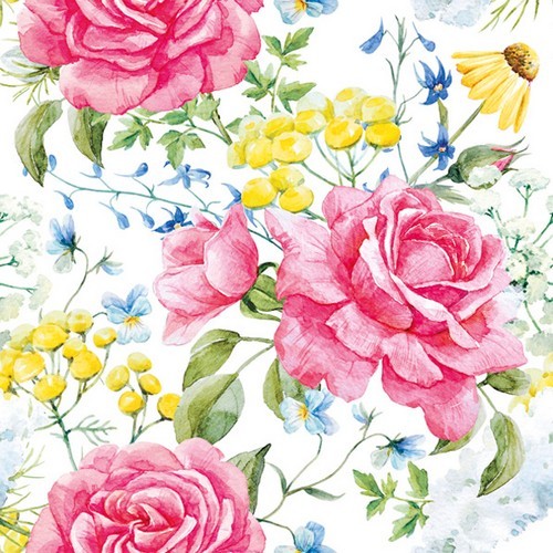 20 Servietten Roses and Field Flowers - Rosen und Wiesenblumen 33x33cm