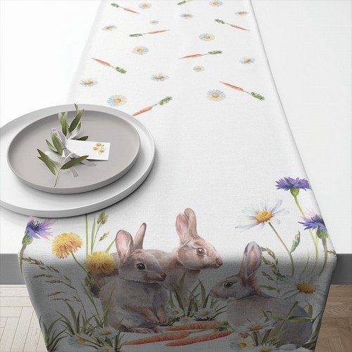 Cotton table runner Carrot Treat - Rabbits with carrots in the grass 40x150cm