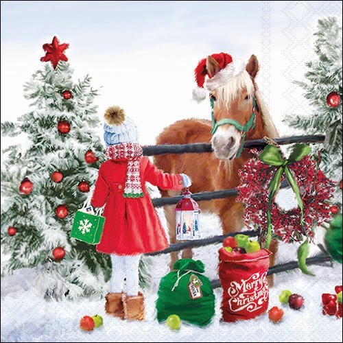 20 Servietten Horse Girl - Mädchen am Weihnachtspferd 33x33cm