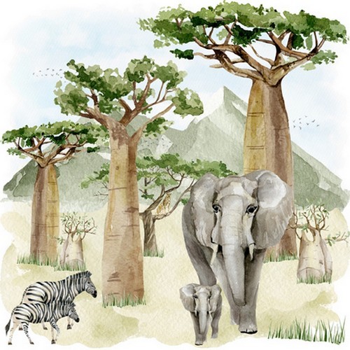 20 Servietten Baobab Scenery - Elefanten und Zebras in Savanne 33x33cm