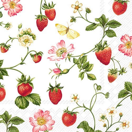 20 Servietten Sweet Strawberry - Erdbeeren mit Schmetterling 33x33cm
