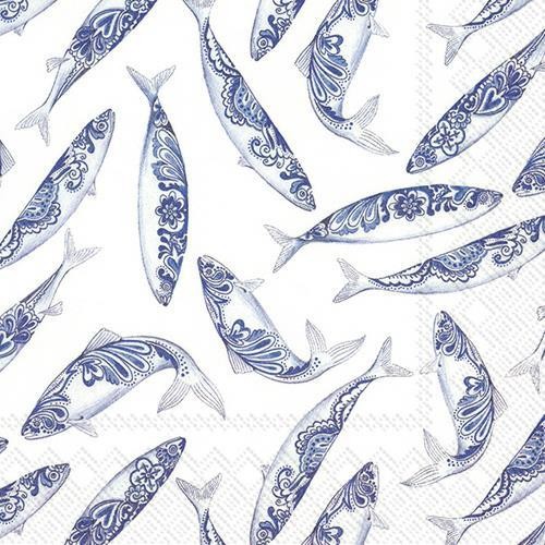 20 Servietten Decorative Fish white - Blaue exotische Fische 33x33cm