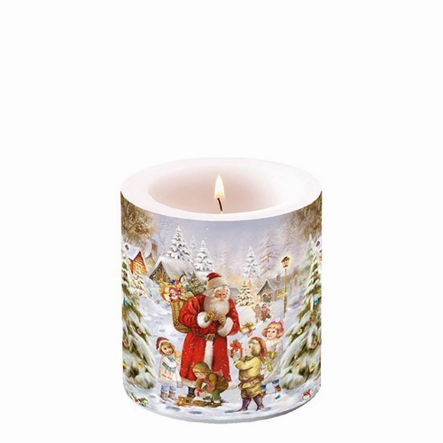 Kerze rund klein Santa bringing Presents - Nostalgie mit Kinder und Santa Ø 7,5cm, Höhe 9cm