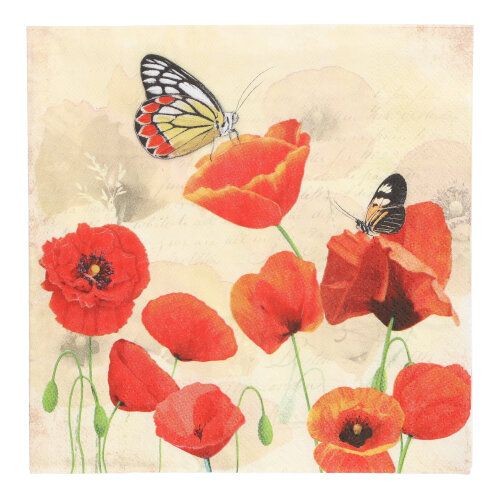 20 Servietten Poppy Flowers - Schmetterlinge sitzen auf Mohn 33x33cm
