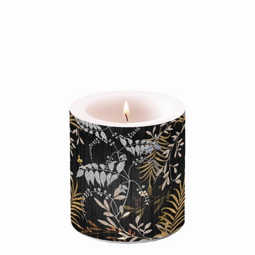Candle round small Luxury Leaves black - Noble composition of leaves Ø 7,5cm, height 9cm