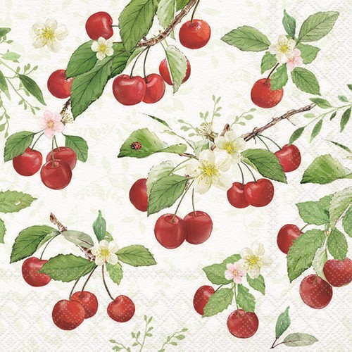 20 Servietten Fresh Cherries - Kirschen an Blütenzweige 33x33cm