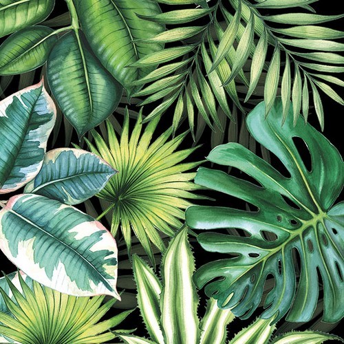 20 Servietten Tropical Leaves black - Grüne Dschungelblätter schwarz 33x33cm