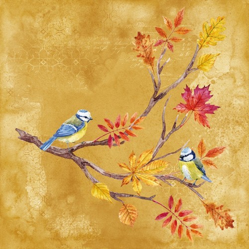 20 Napkins Oiseaux sur Branche de Marronnier - Blue tits on autumn branch 33x33cm