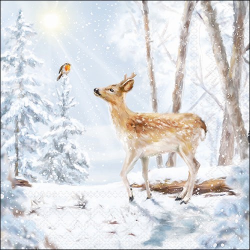 20 Servietten Meeting in the Winterworld - Reh trifft Vogel im Winterwald 33x33cm