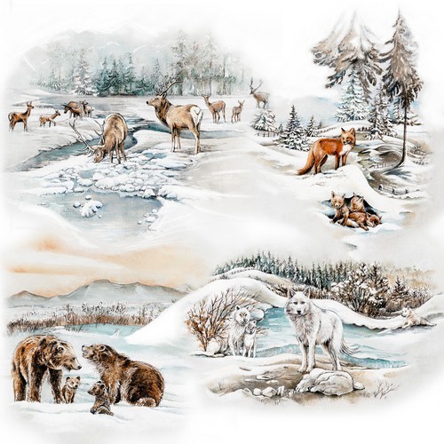 20 Servietten Natural Animals in Winter - Wintertiere mit Familie 33x33cm