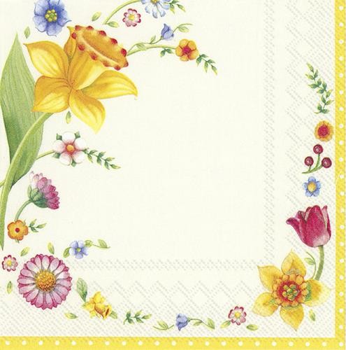 20 Servietten Spring Fantasy Flowers - Frühlingsbordüre gelb/creme 33x33cm