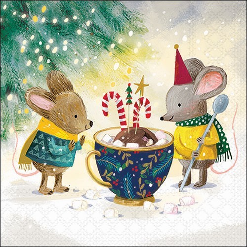 20 Servietten Marshmallow Festivity - Mäuse mit Tasse voller Süßigkeiten 33x33cm