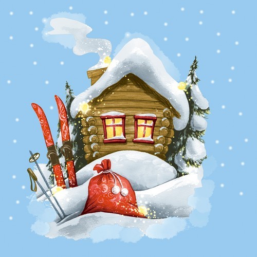 20 Servietten Winter Cabin - Skier vor Hütte mit Winter 33x33cm