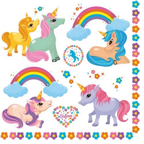 20 Servietten Rainbow Ponies - Einhörner an bunten Regenbögen 33x33cm