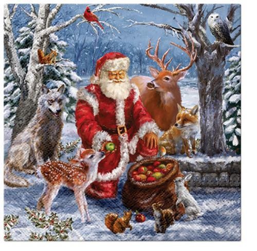20 Servietten Santa´s Gifts – Weihnachtsmann füttert Tiere im Wald 33x33cm