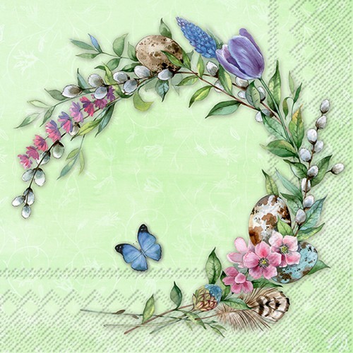 20 Floris Wreath green napkins - wreath of spring flowers mint green 33x33cm