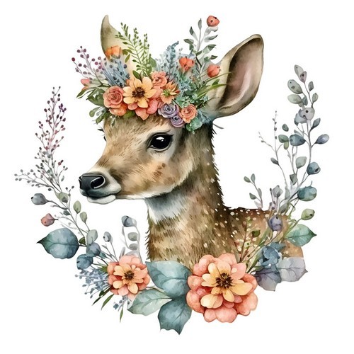 20 Mrs Deer napkins - Deer with wreath of flowers 33x33cm