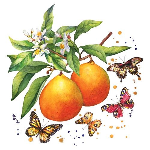 20 Cocktailservietten Fruity Butter – Schmetterlinge an Obst 24x24cm