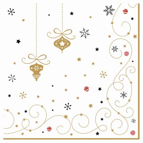 20 Servietten Merry Christmas - Anhänger gold mit Ornamenten 33x33cm