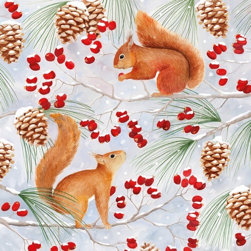 20 Servietten Squirrel Chat - Eichhörnchen in Äste mit Beeren 33x33cm