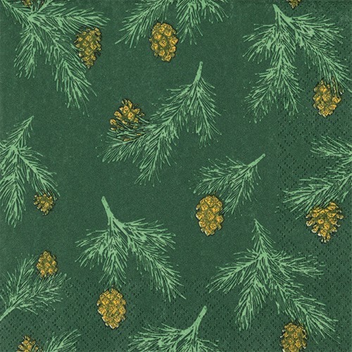 20 Servietten Pine Cones green - Zweige mit Zapfen dunkelgrün 33x33cm