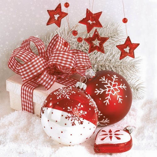 20 Servietten Red & White Baubles & Present - Weihnachtskugeln am Geschenk 33x33cm