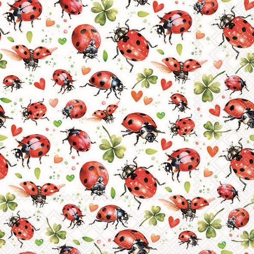 20 Servietten Ladybug Flight - Marienkäfer, Kleeblätter und Herzen 33x33cm