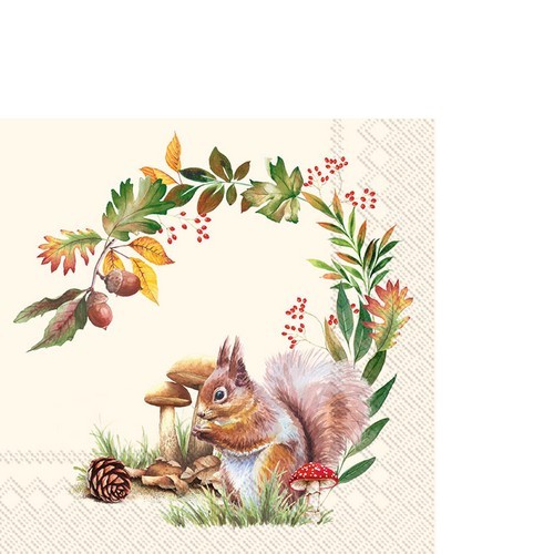 20 small cocktail napkins Squirrel in the Forest cream - squirrel in leaf wreath 33x33cm