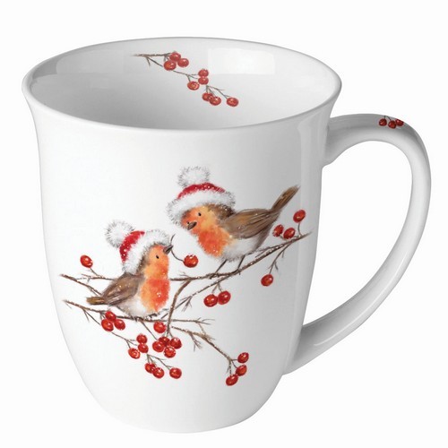 Tasse aus Porzellan Christmas Robins white - Rotkehlchen mit Weihnachtsmütze 0,4L, Höhe 10,5cm