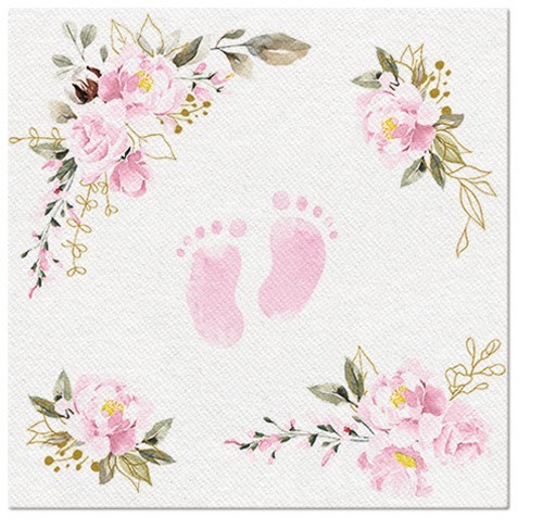 50 Servietten stoffähnlich Baby Feet light rose Babyfüße um Blumen rosa 40x40cm