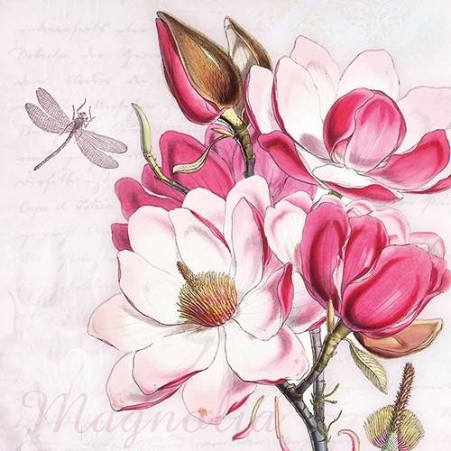 20 Servietten Magdalena - Gemalte Blumen weiß / pink 33x33cm