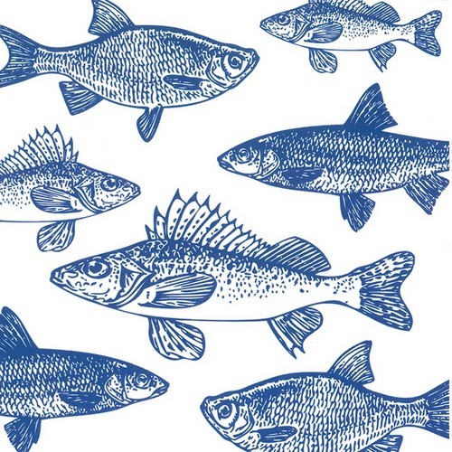 20 Servietten Graphic Fishes marine - Blaue Fische auf weiß 33x33cm