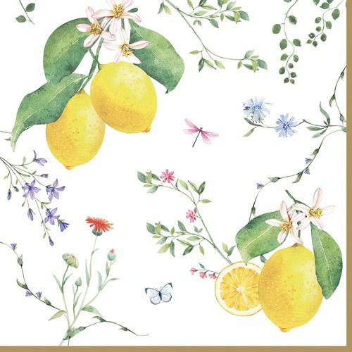 20 Servietten Fleurs et Citrons - Zitronen und Blümchen 33x33cm
