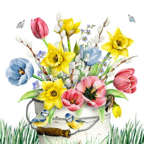 20 napkins Flores Frescas de Primavera - Spring bouquet in bucket 33x33cm
