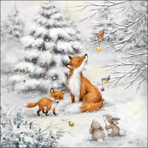 20 Servietten Fox in Forest - Fuchsfamilie mit Freunde im Winter 33x33cm