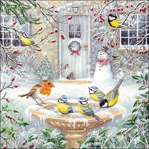 20 Servietten Joy Bath - Vögel an Vogeltränke im Winter 33x33cm