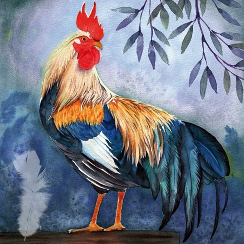 20 napkins Coq à Plumes Bleues - Large rooster on blue 33x33cm