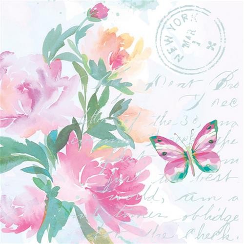 20 Servietten Pink Watercolour Flowers with Butterfly - Vintage Blumen mit Schmetterling 33x33cm