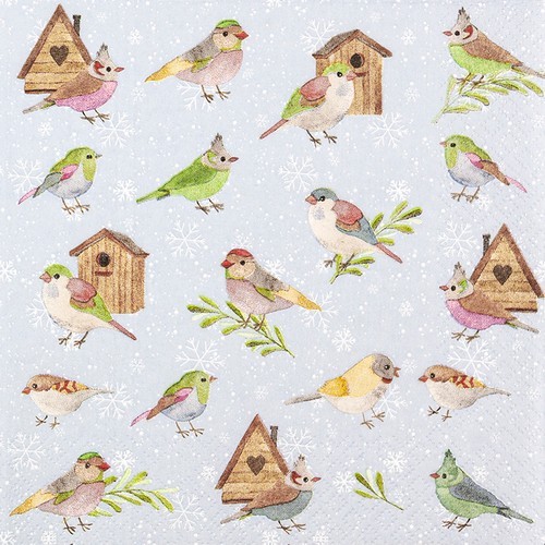 20 Servietten Birds & Houses - Wintervögel an Vogelhäuser 33x33cm