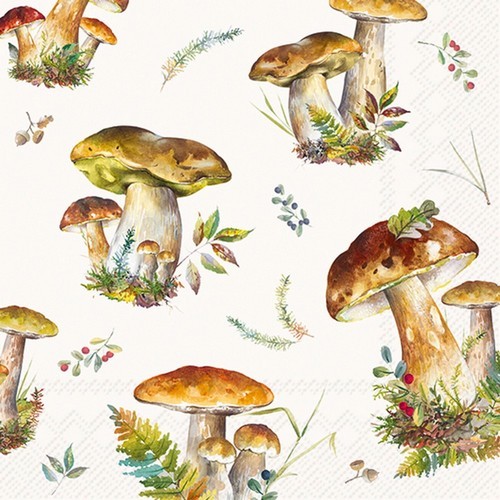 20 Servietten Mushroom Collection - Pilze aus dem Wald auf weiß 33x33cm