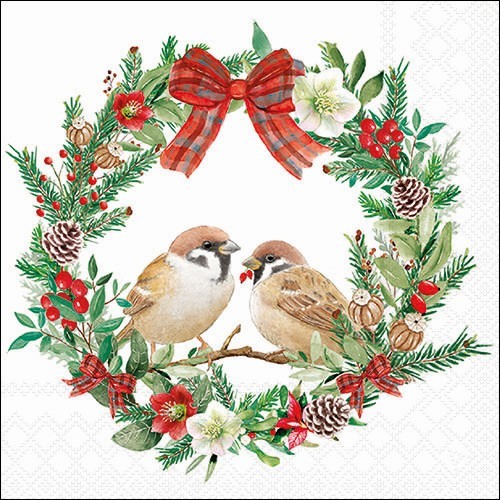 20 Servietten Sparrows in Wreath - Spatzen in Weihnachtskranz 33x33cm