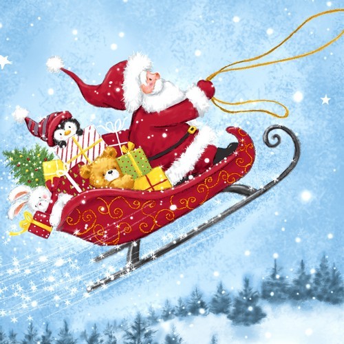 20 Servietten Sleigh Ride - Santa auf Schlitten am Himmel 33x33cm