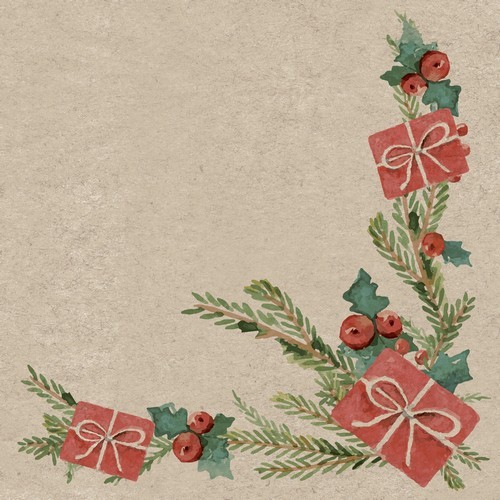 25 napkins Naturals sustainable Misteltoe with present - Gifts to fir branches 33x33cm