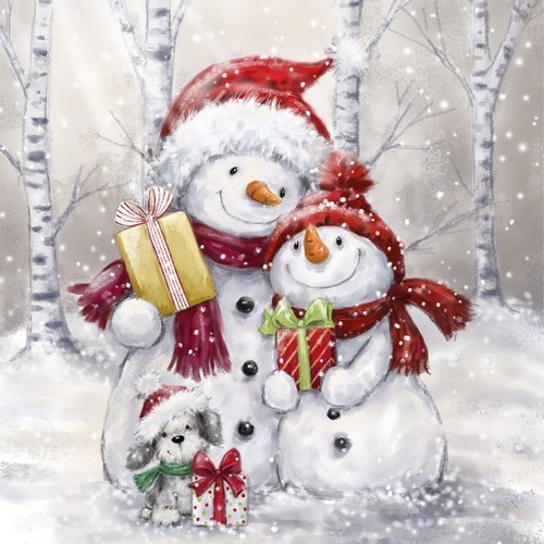 20 Servietten Lovely Snowman Family - Liebevolle Schneemann-Familie 33x33cm