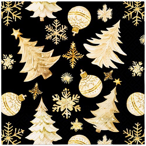 20 Servietten Golden Christmas Trees black - Weihnachtsornamente gold auf schwarz 33x33cm